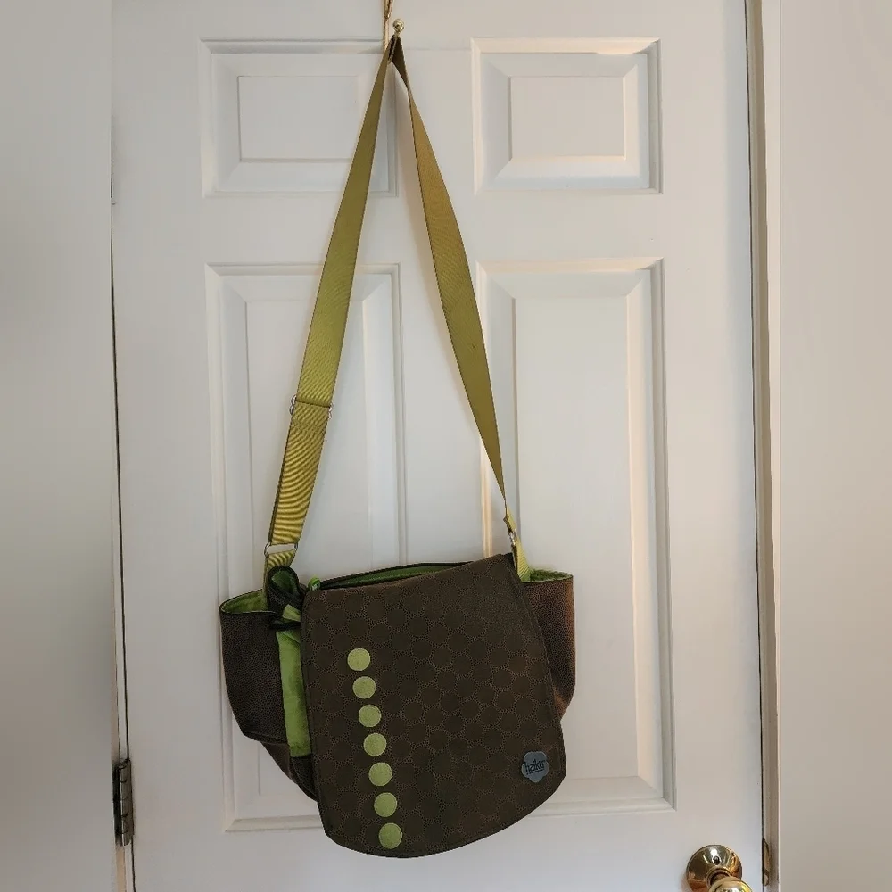 Haiku Messenger Bag Crossbody Brown Leather Lime Interior Ecofriendly Office